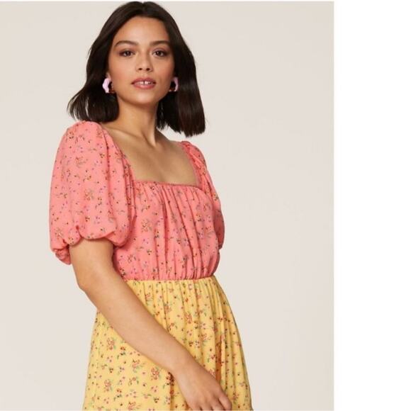 COLOR ME COURTNEY Yellow Pink Ditsy Flower Printed Cece Maxi Dress Size 10 - Picture 3 of 16